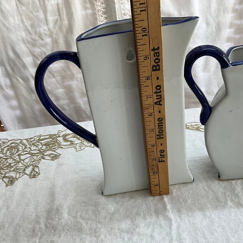 Blue White Floral Chinoiserie Wall Pocket Pitcher Ceramic Vases Cottagecore 2pc